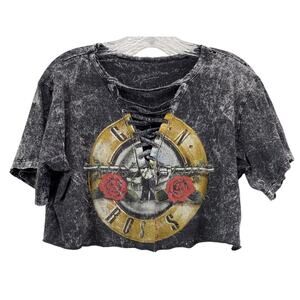Bravado Guns N Roses Distressed Acid Wash Graphic Band Tee Sz L Cropped Lace Up